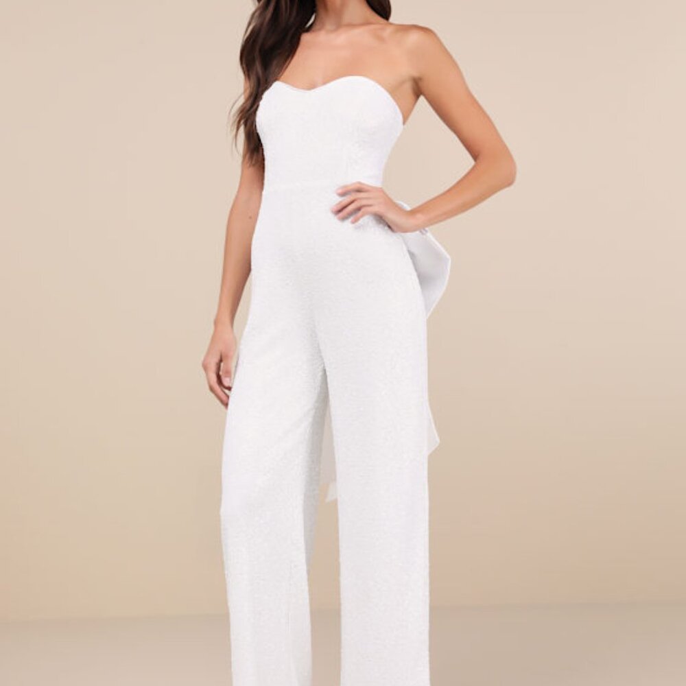 Lulus Mesmerizing Glow White Sequin Removable Bow Wide-leg Jumpsuit - Size S